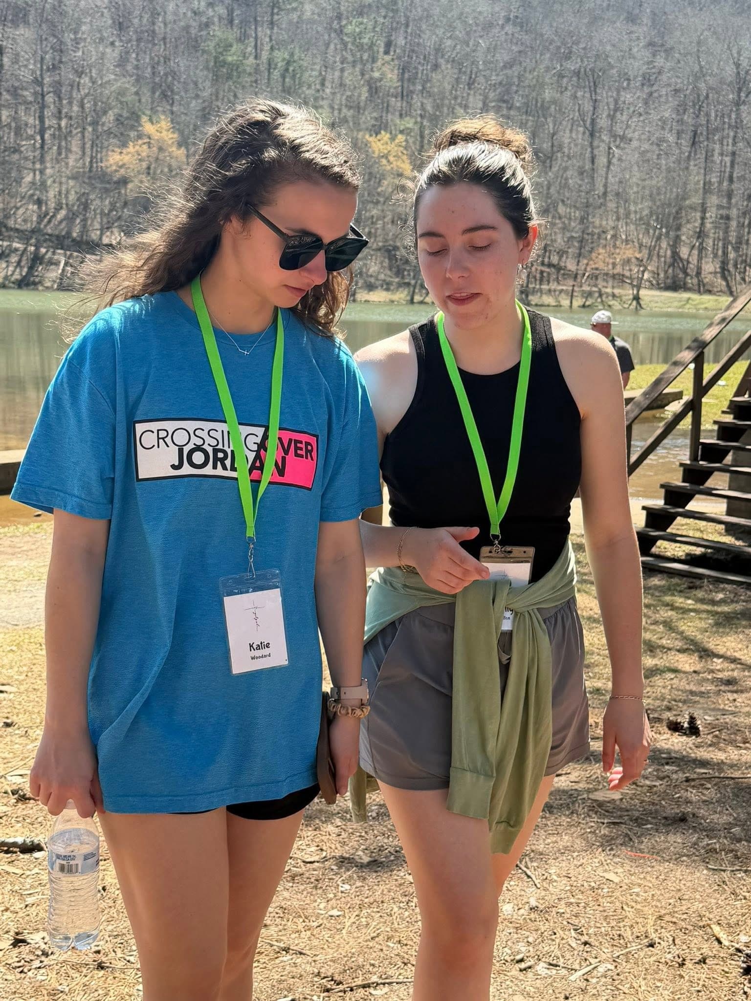 Two friends walking together at a COJ retreat